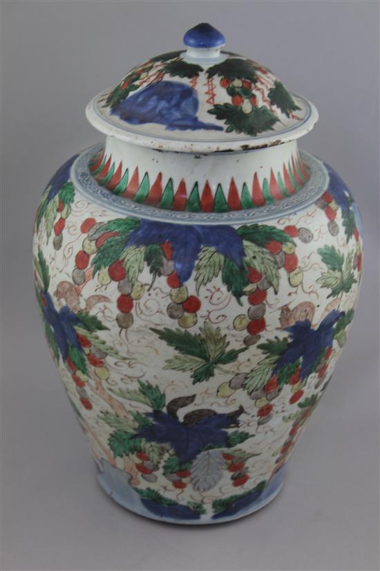 A Chinese wucai ovoid jar and cover, late 17th century, 37.5cm